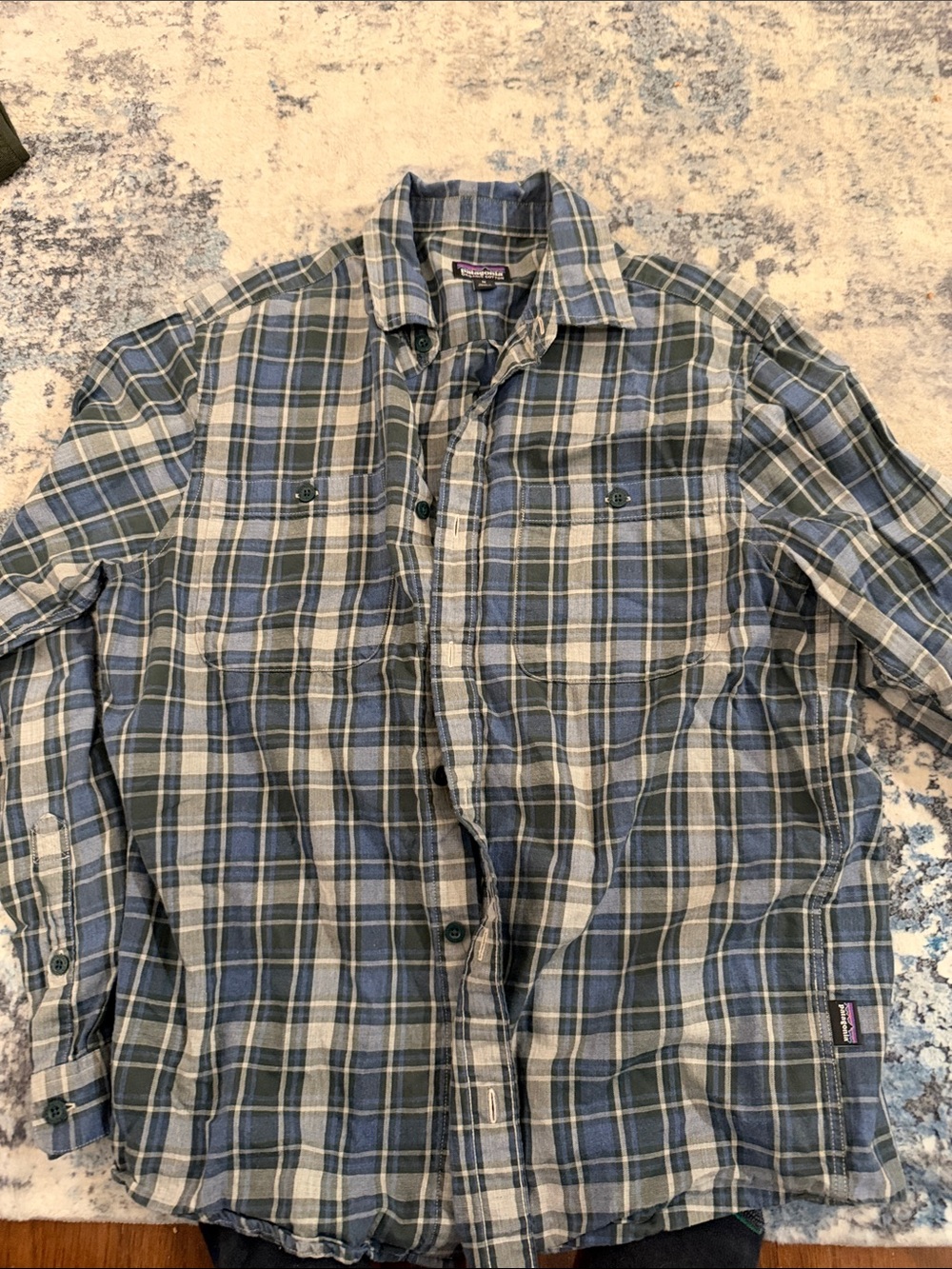 Patagonia Men’s Blue and Gray Plaid Button-Down Shirt